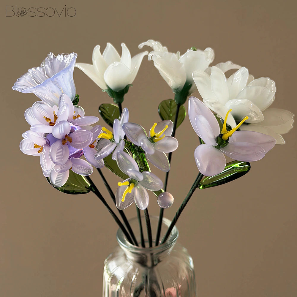 White Lavender Glass Bouquet – Orchid, Lily, Camellia, Magnolia, Morning Glory & Hydrangea