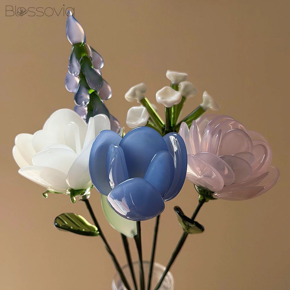 Pastel Mix Glass Bouquet – Ranunculus, Tulip, Hyacinth, White Rose & Baby's Breath