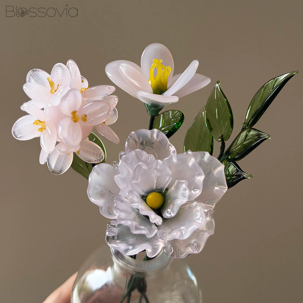 Grace Blush Glass Bouquet – Hydrangea, Freesia, Carnation & Leaf Branch