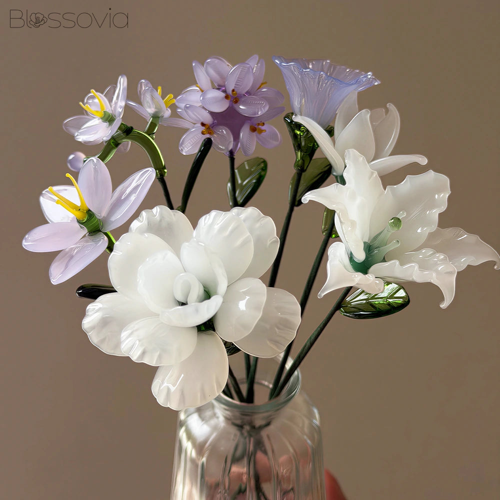 White Lavender Glass Bouquet – Orchid, Lily, Camellia, Magnolia, Morning Glory & Hydrangea