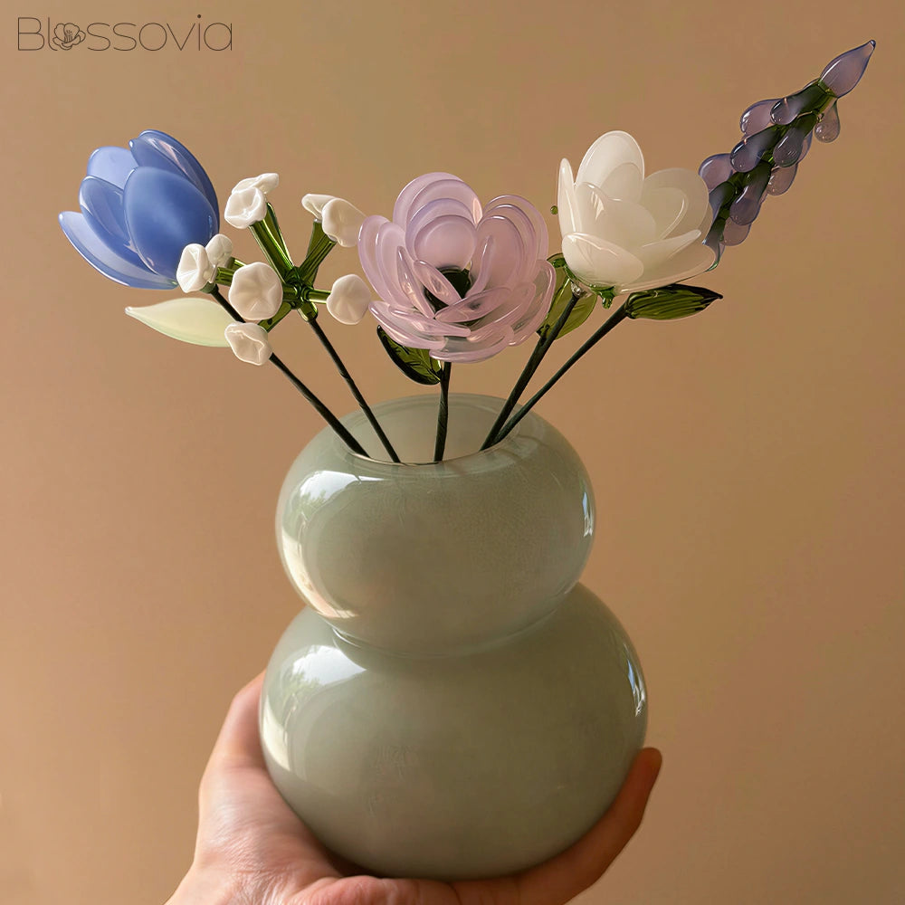 Pastel Mix Glass Bouquet – Ranunculus, Tulip, Hyacinth, White Rose & Baby's Breath