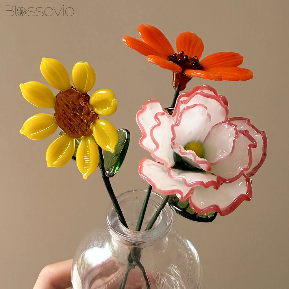 Sunny Trio Glass Bouquet – Carnation, Daisy & Sunflower