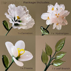 Grace Blush Glass Bouquet – Hydrangea, Freesia, Carnation & Leaf Branch