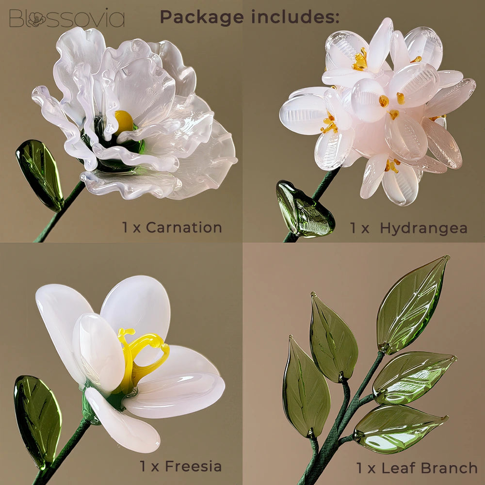 Grace Blush Glass Bouquet – Hydrangea, Freesia, Carnation & Leaf Branch