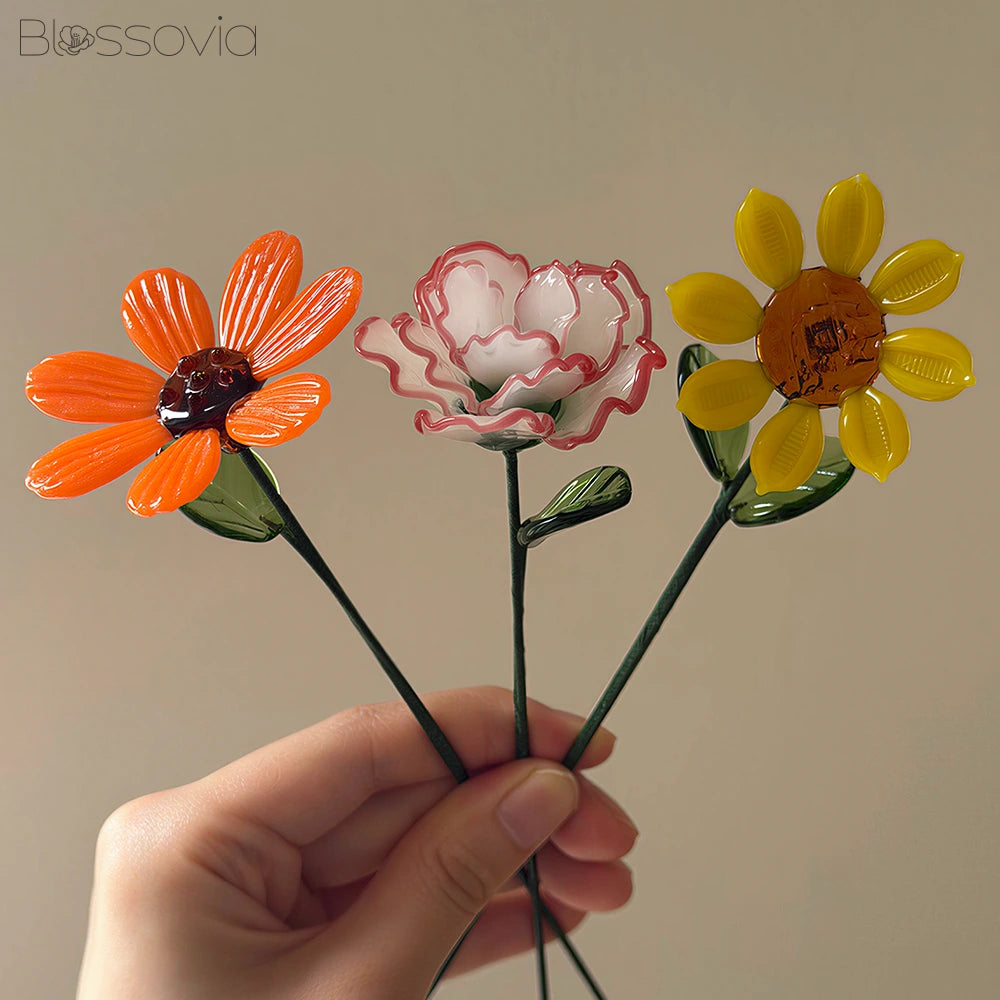 Sunny Trio Glass Bouquet – Carnation, Daisy & Sunflower