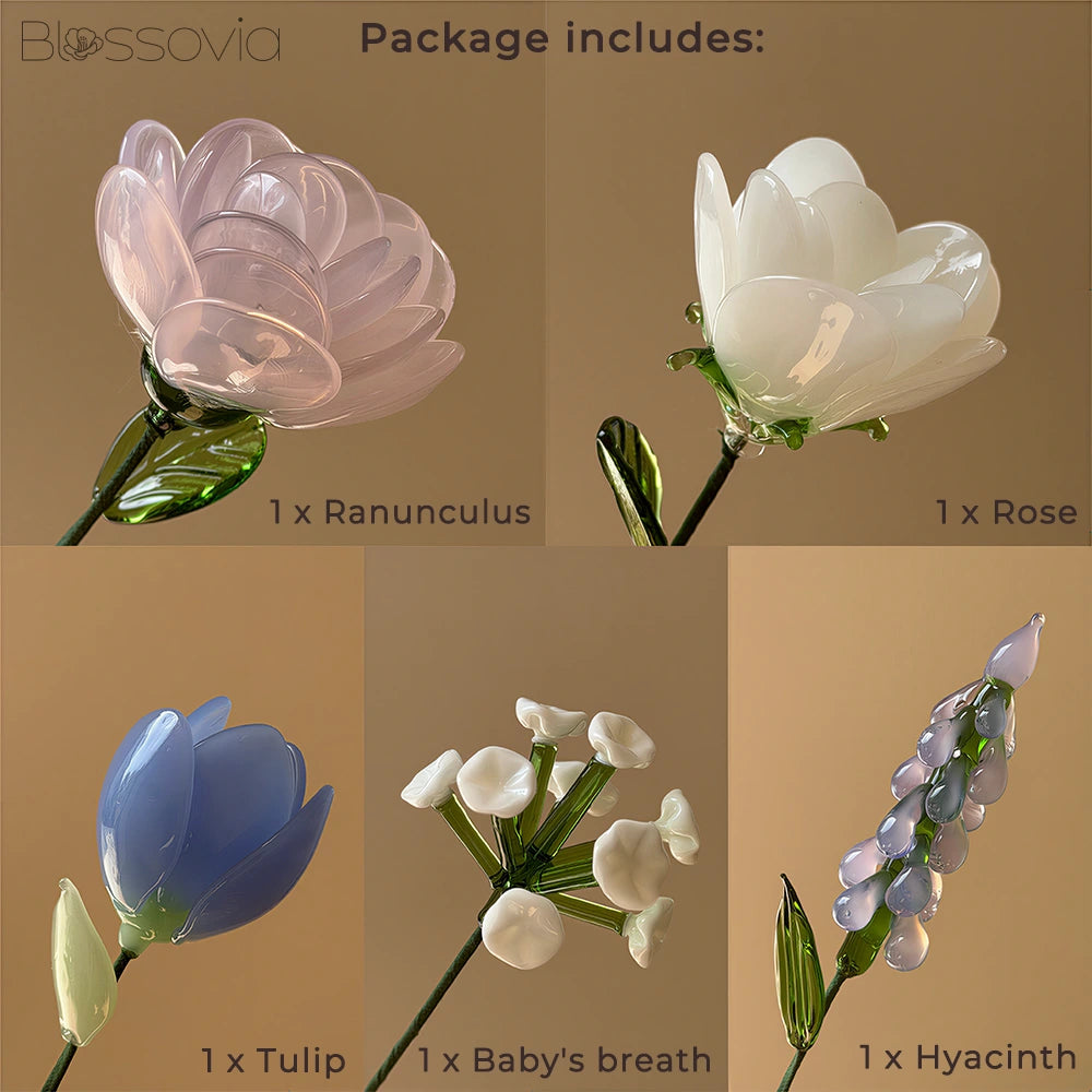Pastel Mix Glass Bouquet – Ranunculus, Tulip, Hyacinth, White Rose & Baby's Breath