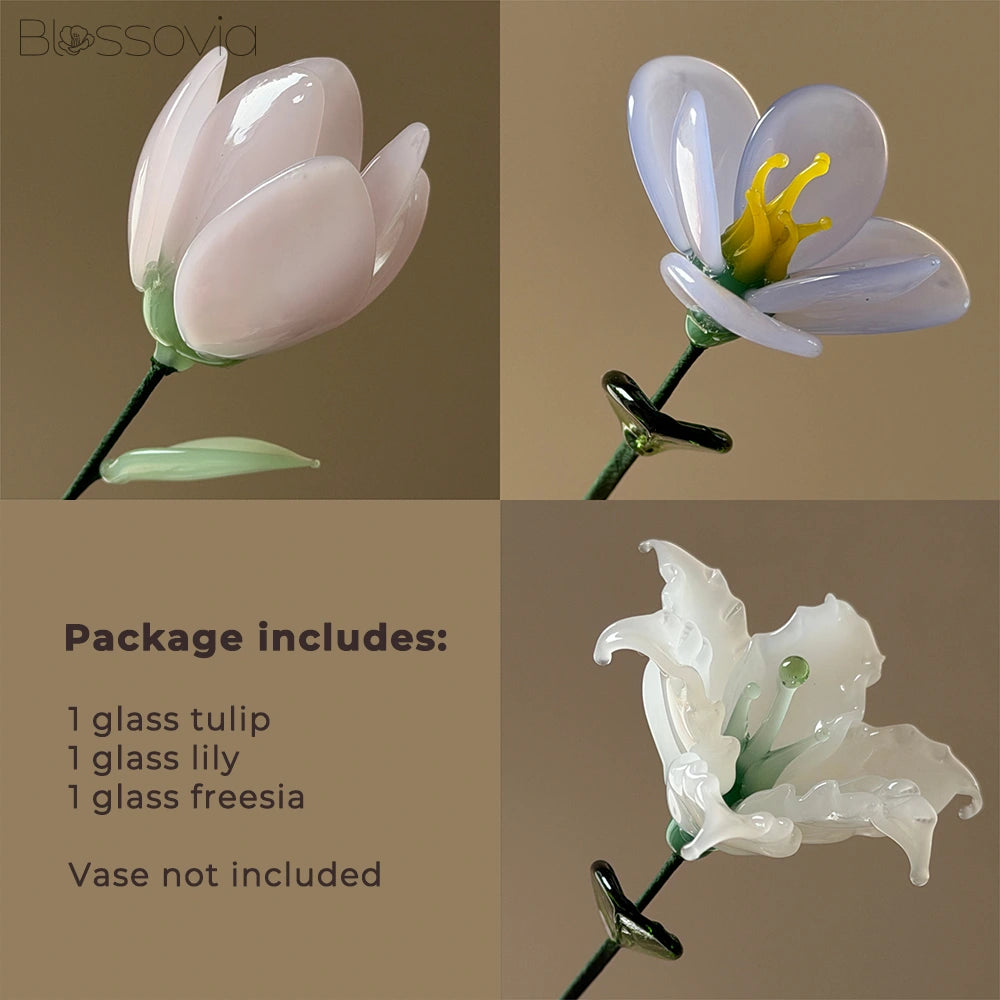 Grace Trio Glass Bouquet – Tulip, Lily & Freesia