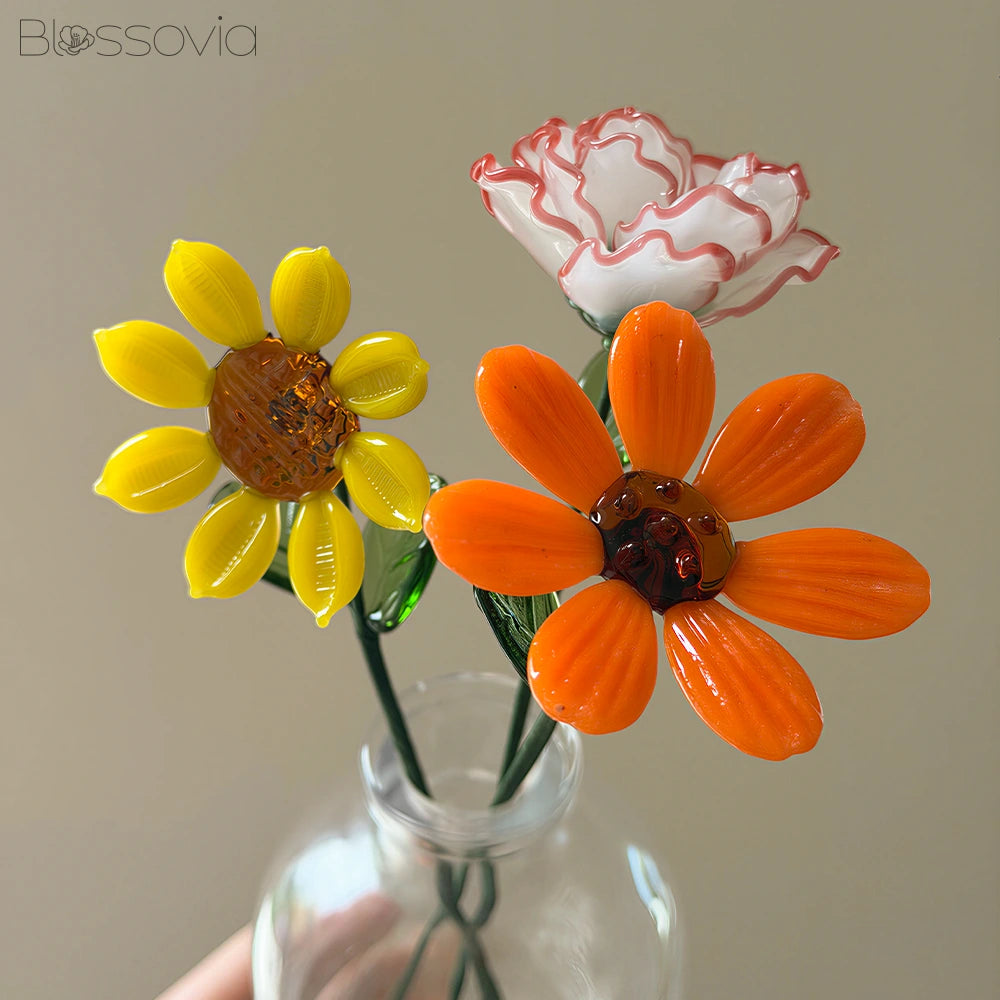 Sunny Trio Glass Bouquet – Carnation, Daisy & Sunflower
