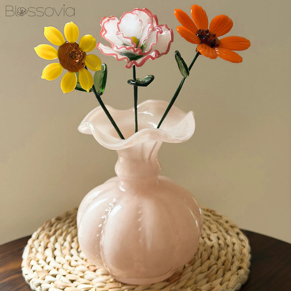 Sunny Trio Glass Bouquet – Carnation, Daisy & Sunflower