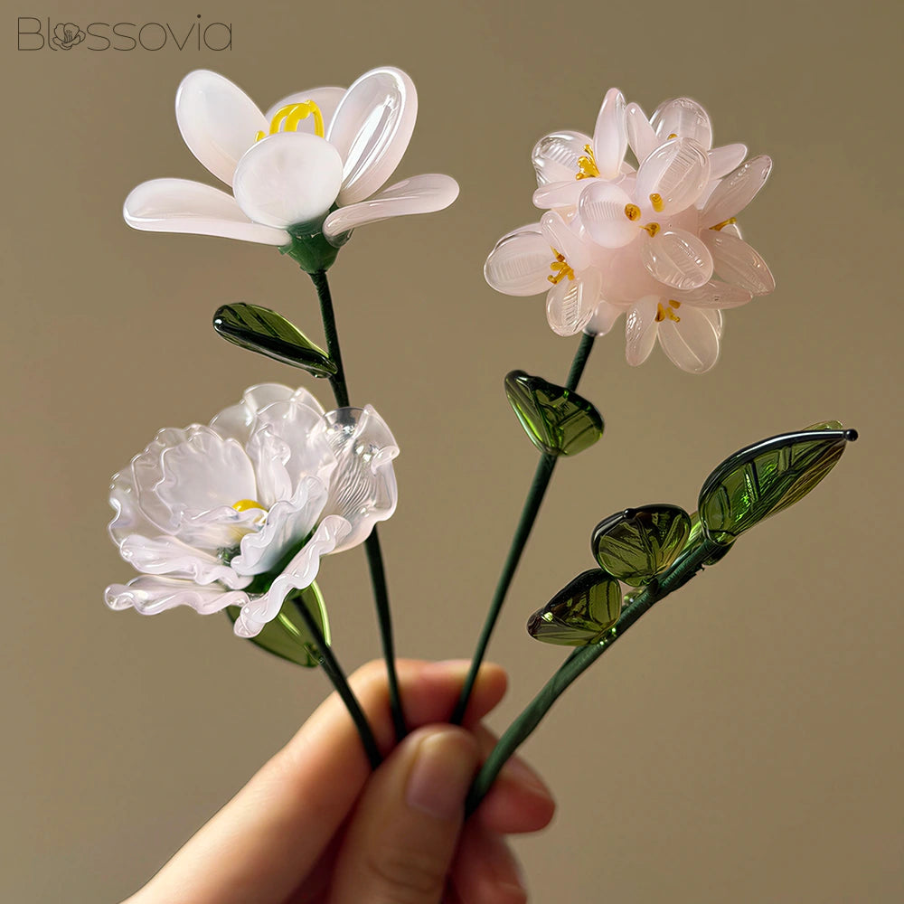 Grace Blush Glass Bouquet – Hydrangea, Freesia, Carnation & Leaf Branch