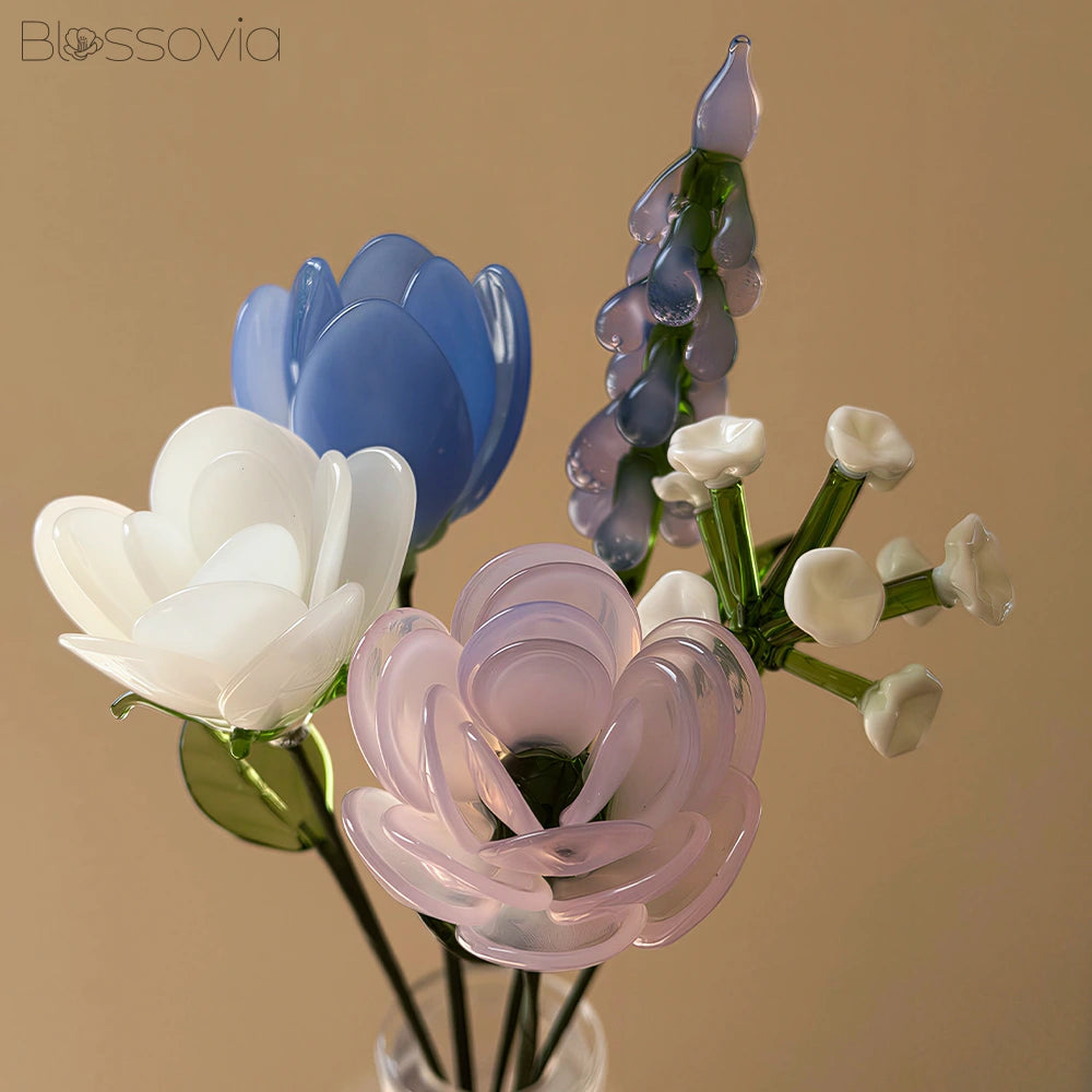 Pastel Mix Glass Bouquet – Ranunculus, Tulip, Hyacinth, White Rose & Baby's Breath