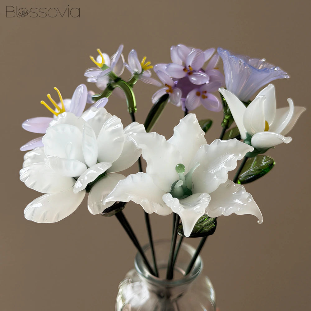 White Lavender Glass Bouquet – Orchid, Lily, Camellia, Magnolia, Morning Glory & Hydrangea