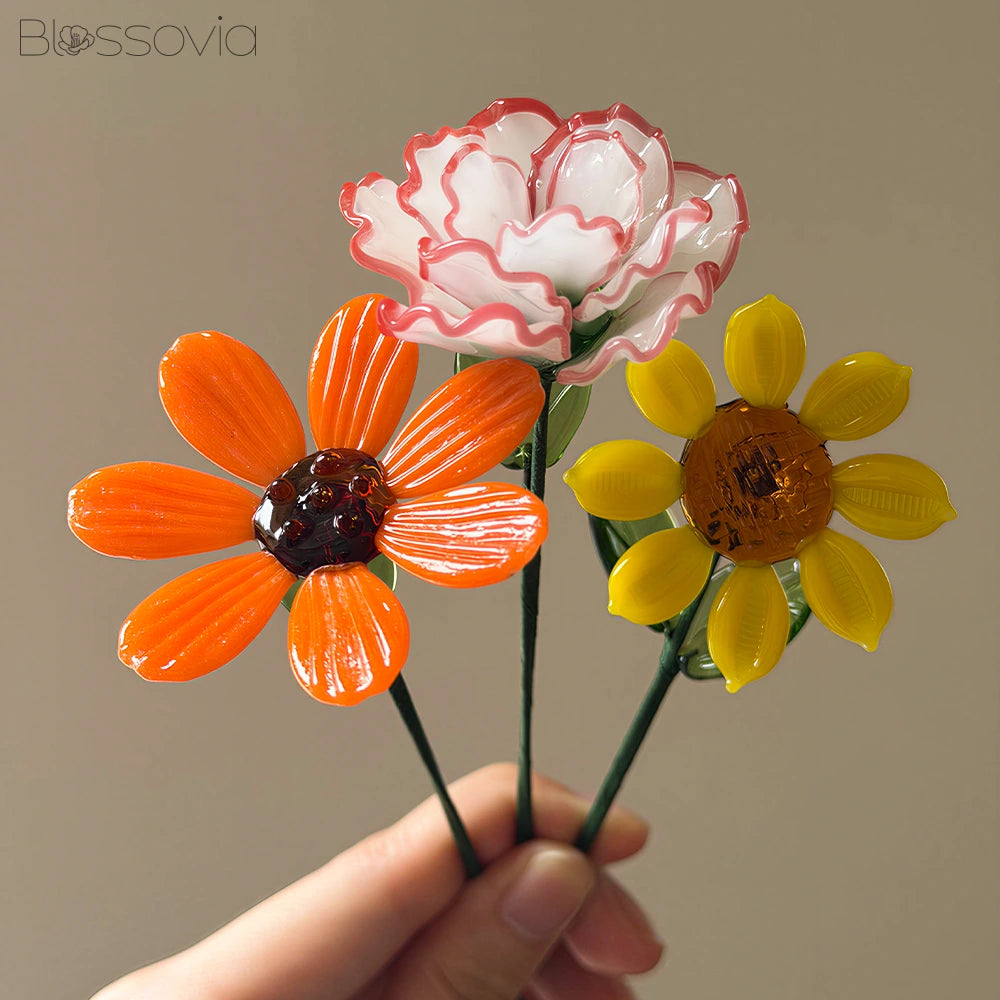 Sunny Trio Glass Bouquet – Carnation, Daisy & Sunflower