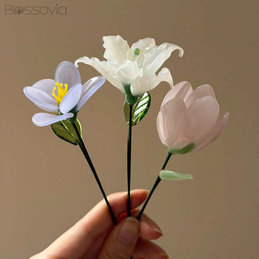 Grace Trio Glass Bouquet – Tulip, Lily & Freesia