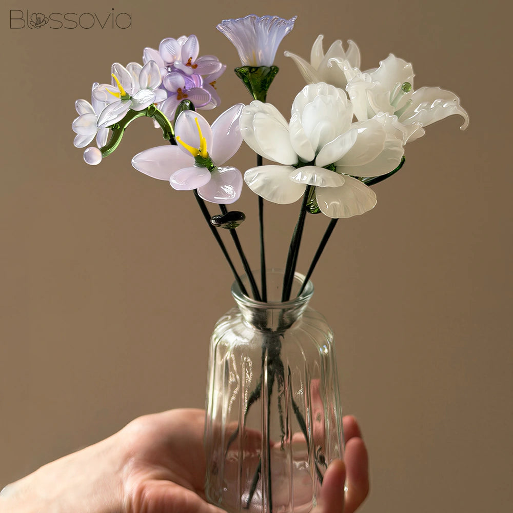 White Lavender Glass Bouquet – Orchid, Lily, Camellia, Magnolia, Morning Glory & Hydrangea