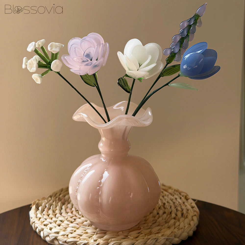 Pastel Mix Glass Bouquet – Ranunculus, Tulip, Hyacinth, White Rose & Baby's Breath