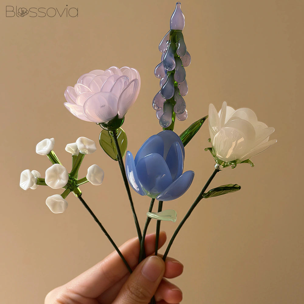 Pastel Mix Glass Bouquet – Ranunculus, Tulip, Hyacinth, White Rose & Baby's Breath