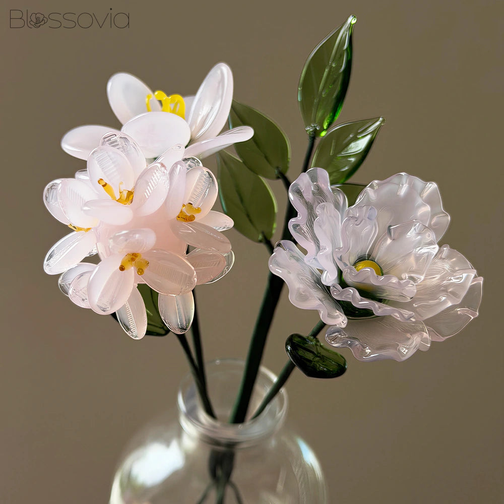 Grace Blush Glass Bouquet – Hydrangea, Freesia, Carnation & Leaf Branch