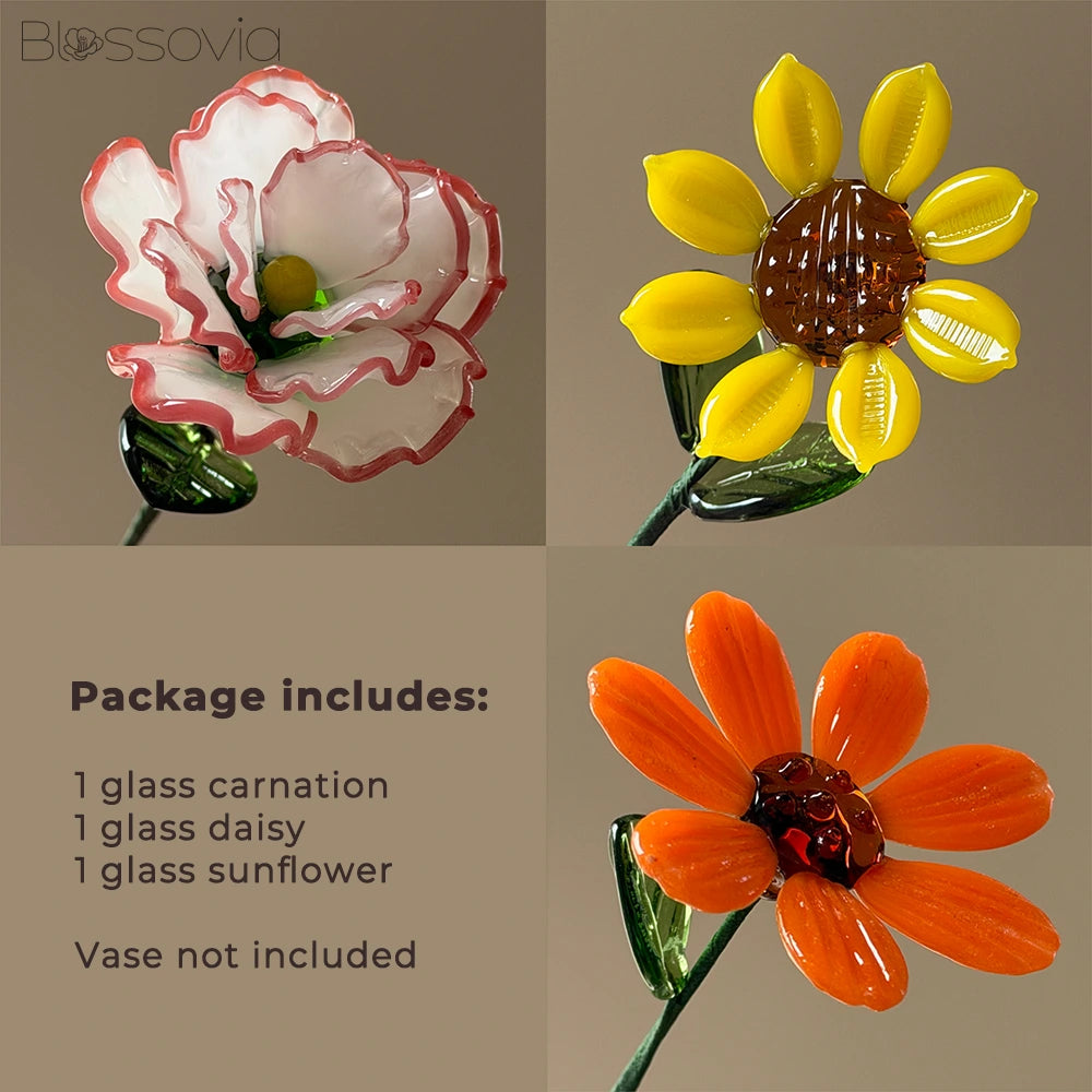Sunny Trio Glass Bouquet – Carnation, Daisy & Sunflower