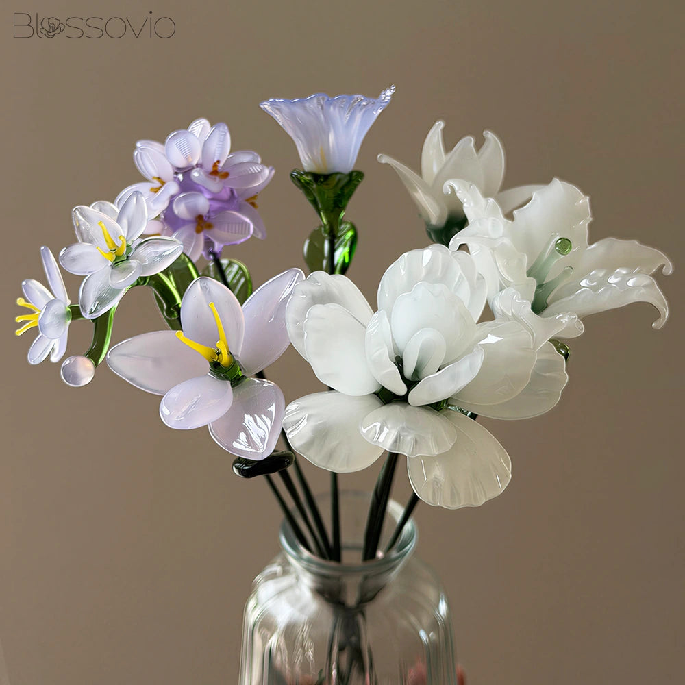 White Lavender Glass Bouquet – Orchid, Lily, Camellia, Magnolia, Morning Glory & Hydrangea