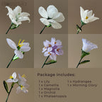 White Lavender Glass Bouquet – Orchid, Lily, Camellia, Magnolia, Morning Glory & Hydrangea