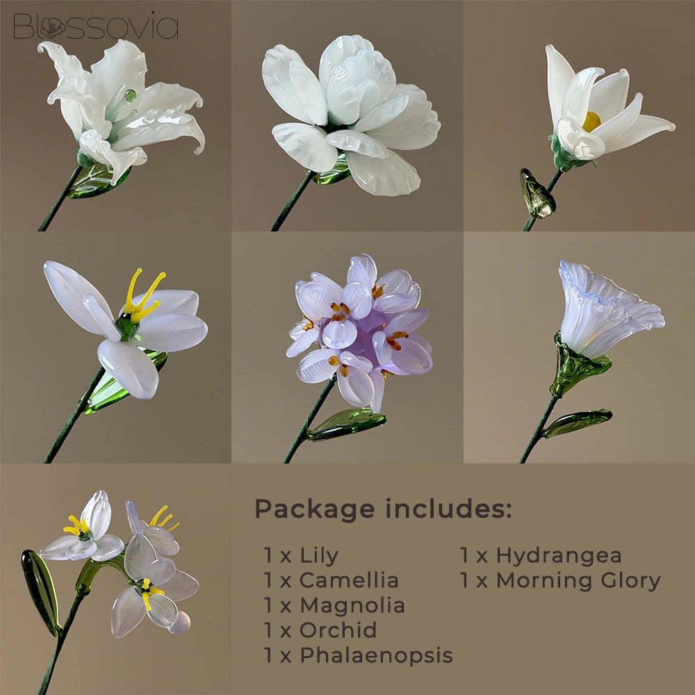 White Lavender Glass Bouquet – Orchid, Lily, Camellia, Magnolia, Morning Glory & Hydrangea