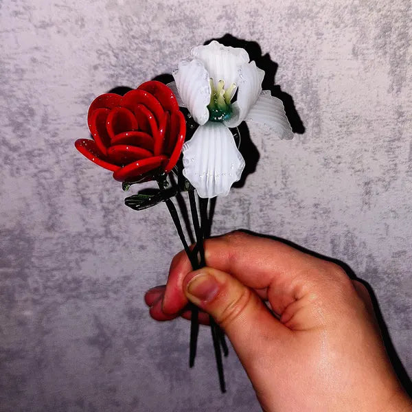 Blossovia customer photo: handmade glass rose and iris bouquet, real client anniversary gift keepsake