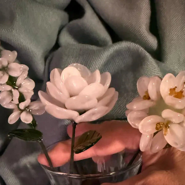Blossovia customer photo: handmade pink glass flower bouquet, real client keepsake for wedding or memorial gift