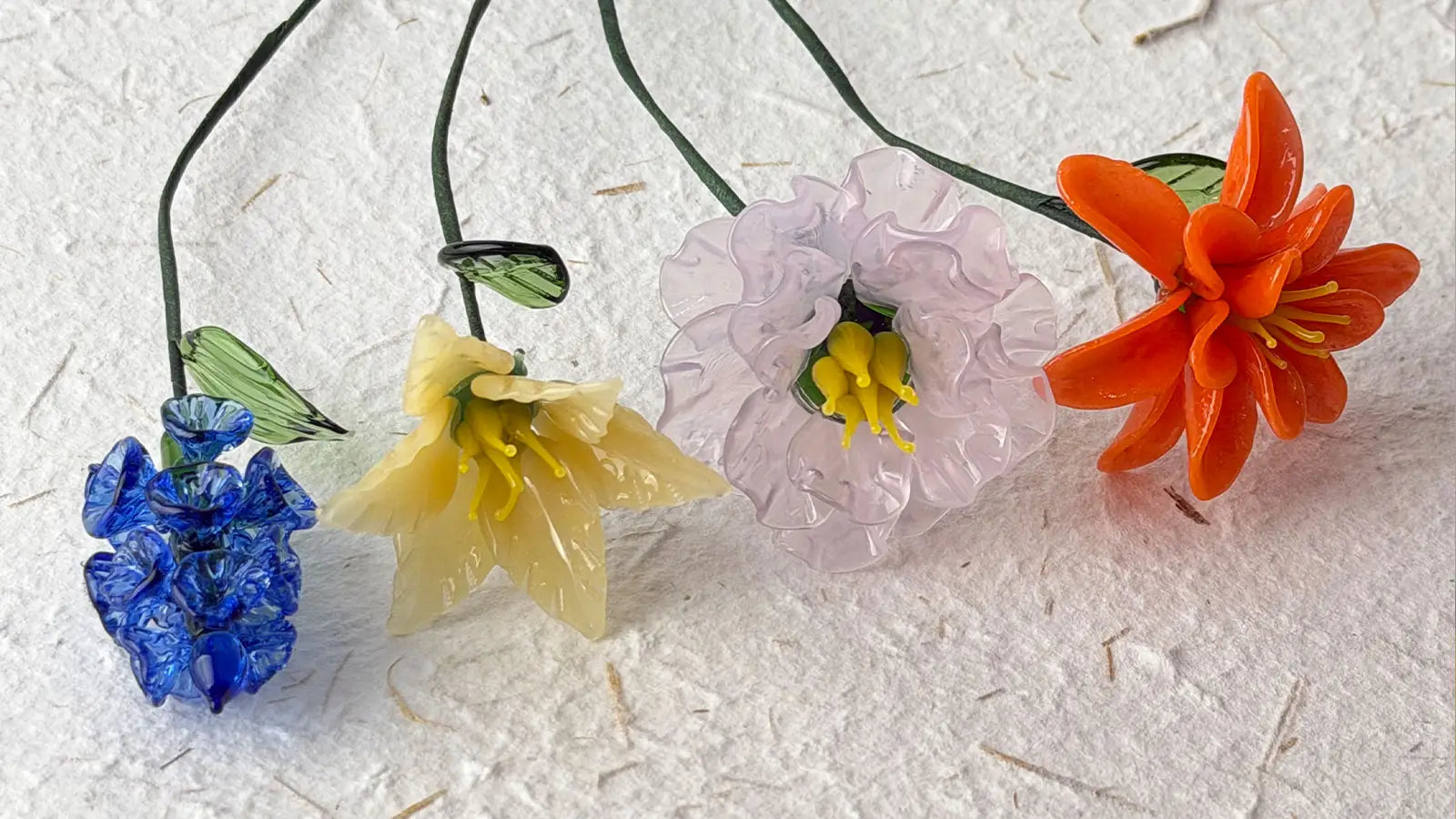 Blossovia original handmade lampwork glass flower set, blue larkspur, yellow daffodil, light pink peony and orange chrysanthemum, eternal custom glass floral arrangement for birthday gifts and personalized keepsakes